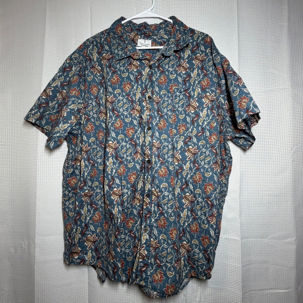 Mutual Weave Button Down Shirt 3XL‎ Blue Floral Short Sleeve Cotton Blend